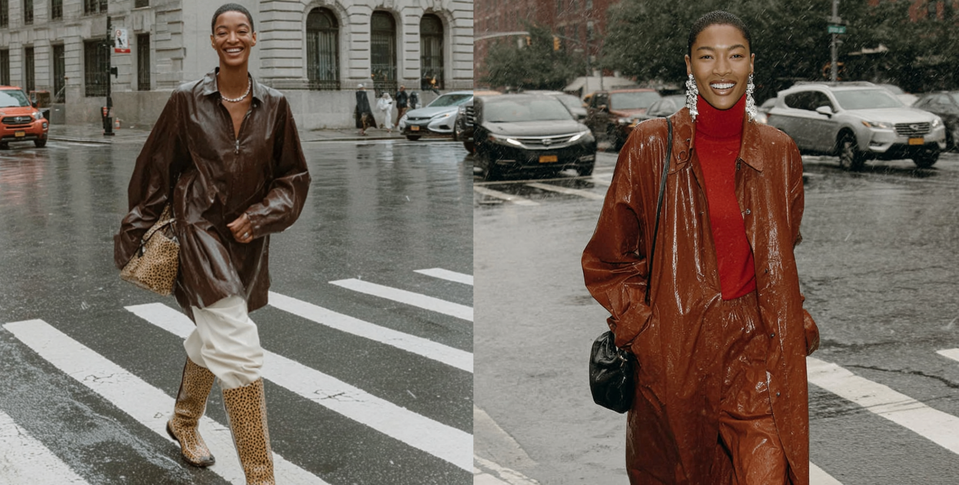 Editorial street style — two women in leather outerwear crossing a rainy street