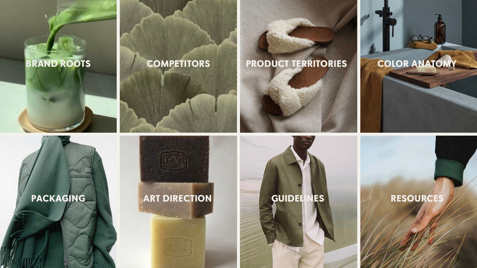 Eight-panel brand toolkit grid covering roots, competitors, product territories, color anatomy, packaging, art direction, guidelines and resources