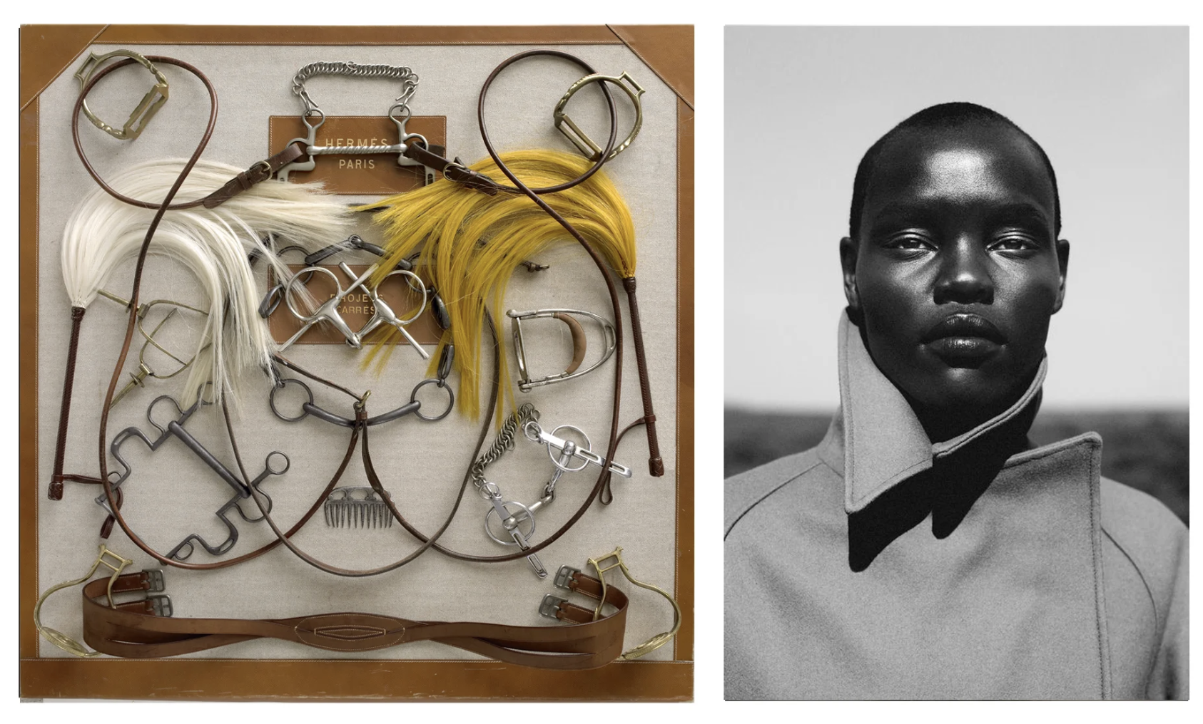 Two-panel editorial reference — Hermès equestrian hardware and a black-and-white portrait in a sculptural coat collar