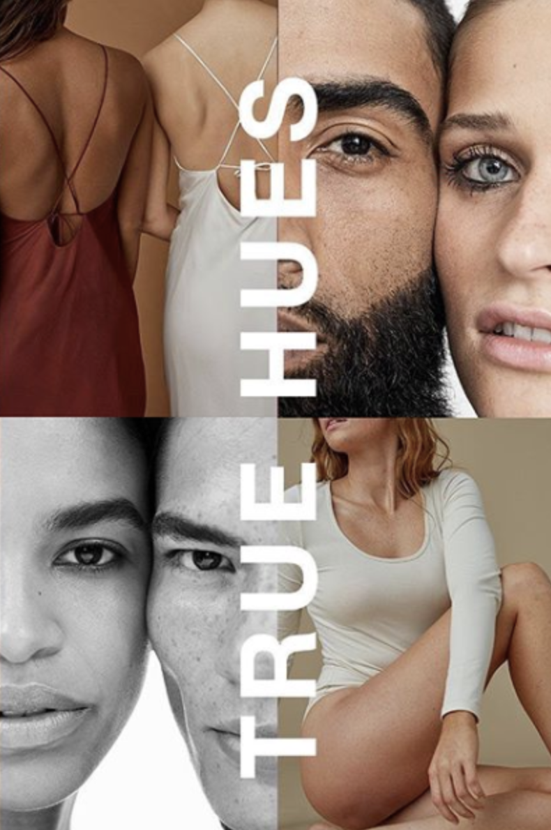 Banana Republic inclusivity campaign — diverse skin tones in intimate beauty portraits and minimal basics