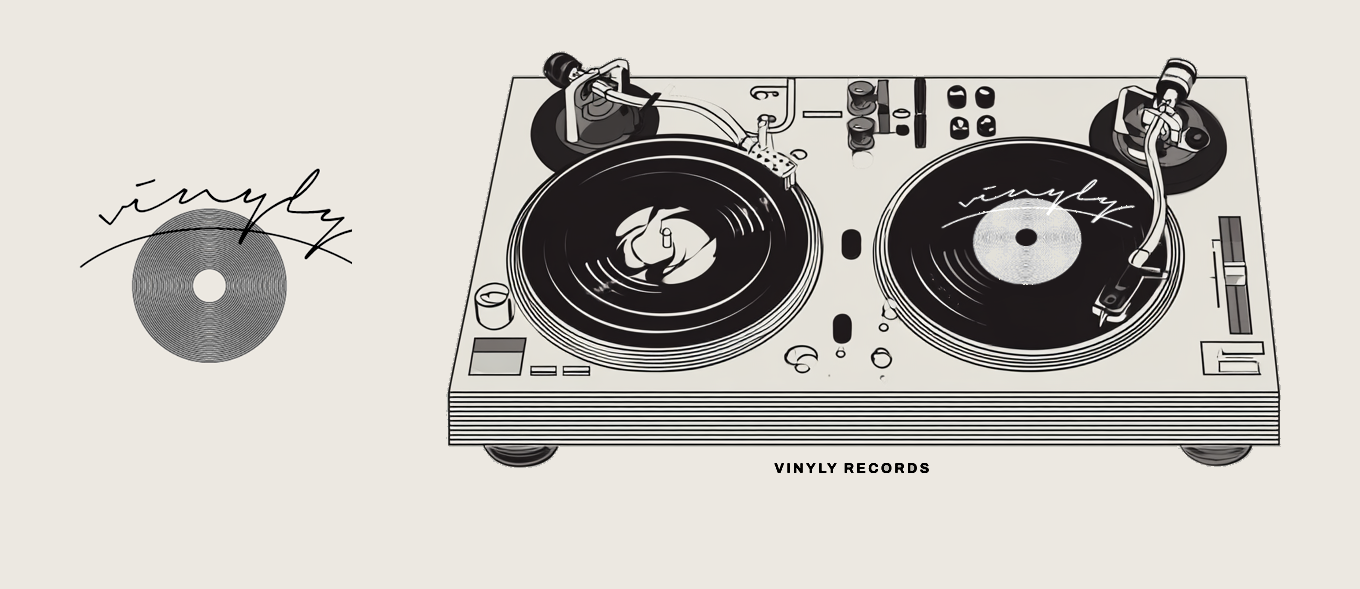 Vinyly Records brand illustration — twin turntables and vinyl logo on a warm cream field