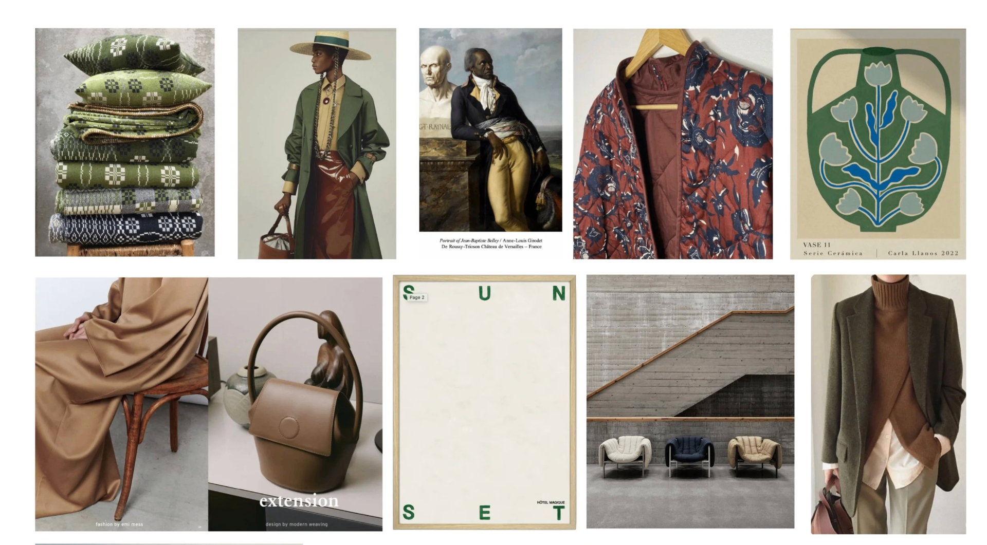 Moodboard of textiles, portraits, ceramics and tailoring in earthy tones