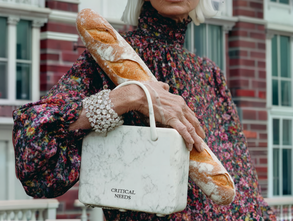 Editorial still — woman in floral dress holding a marble 'Critical Needs' bag with a baguette
