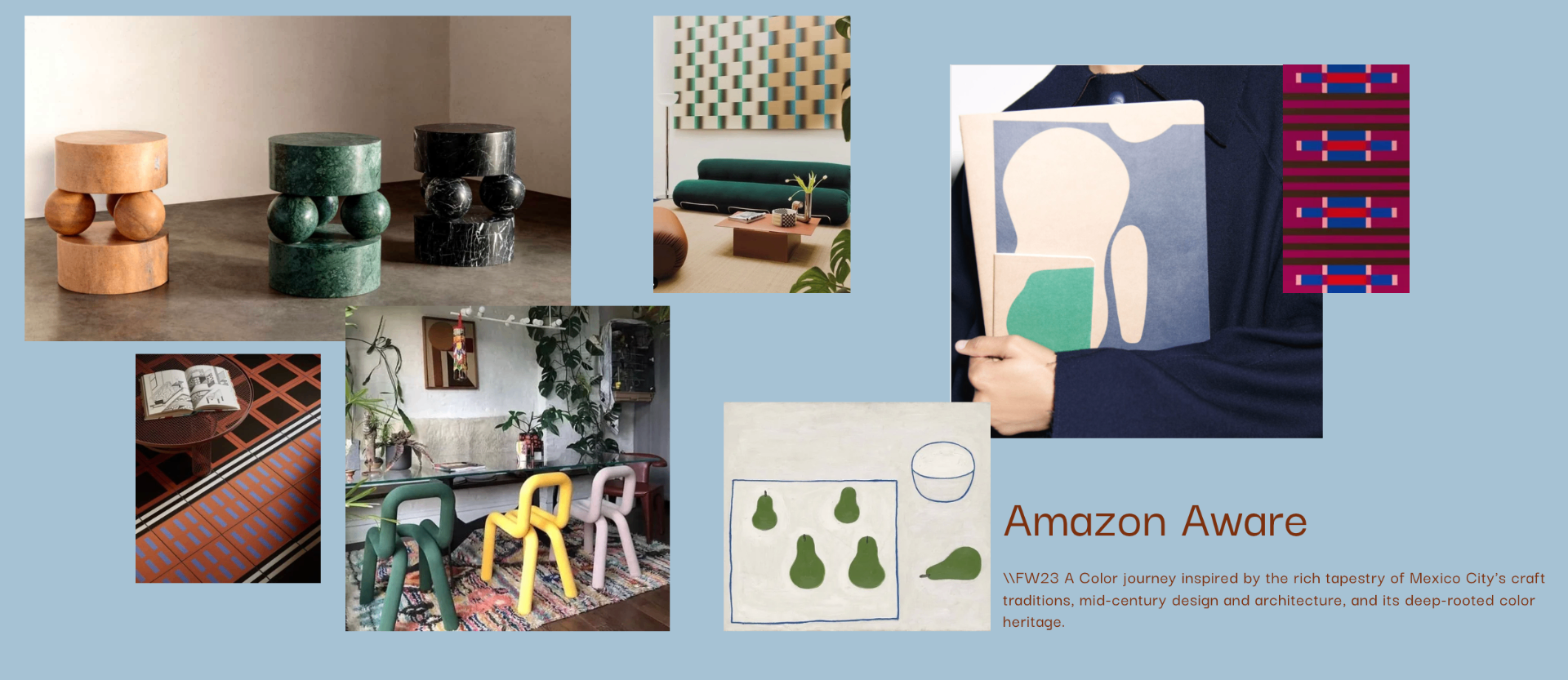 Amazon Aware FW23 campaign moodboard with furniture, interiors, patterns and abstract still-life studies