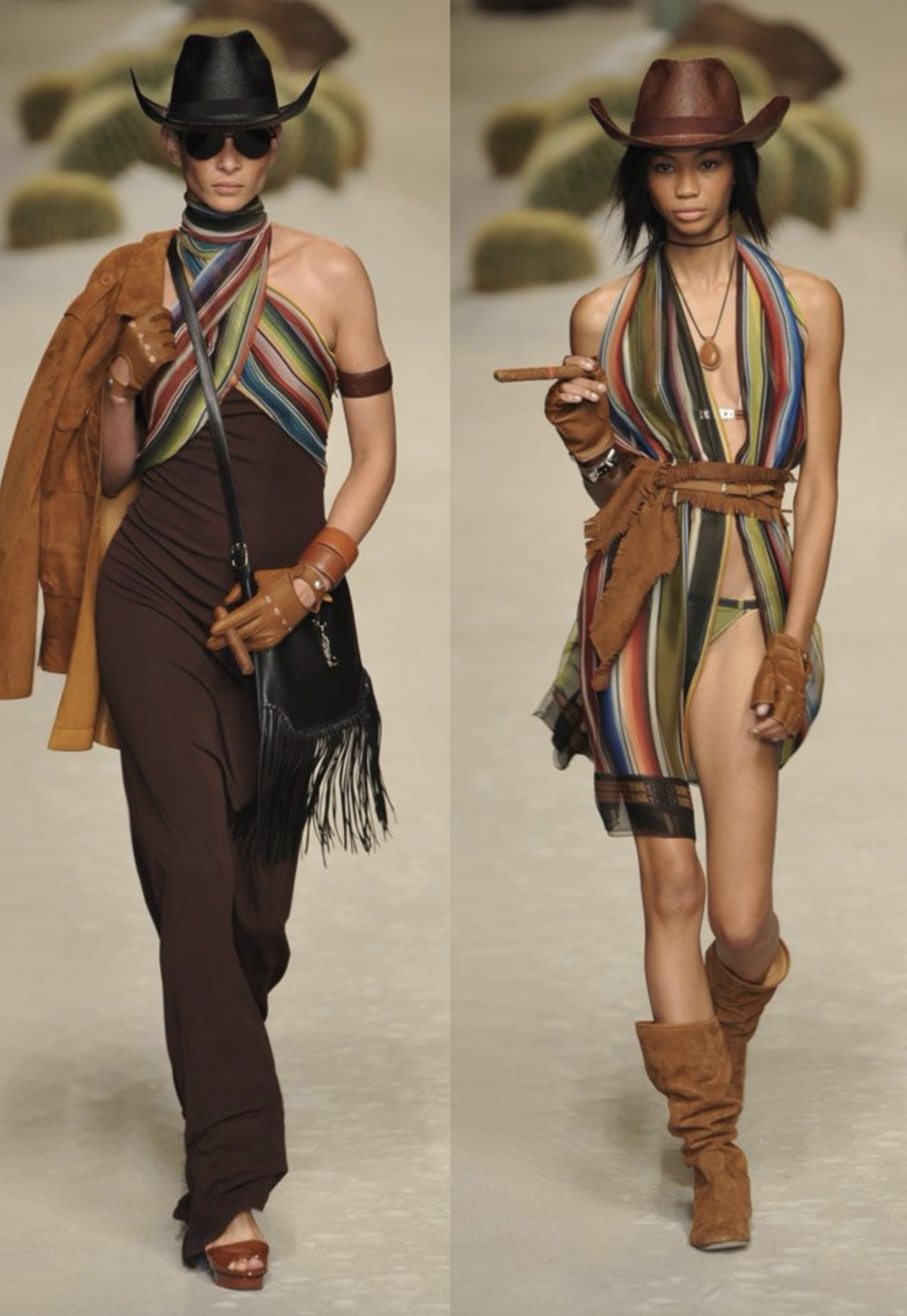 Hermès runway look — colorful striped halter tops, suede cowboy hats and western accessories